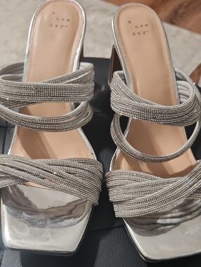 a new day Silver Strappy Beaded Block Heel Mules